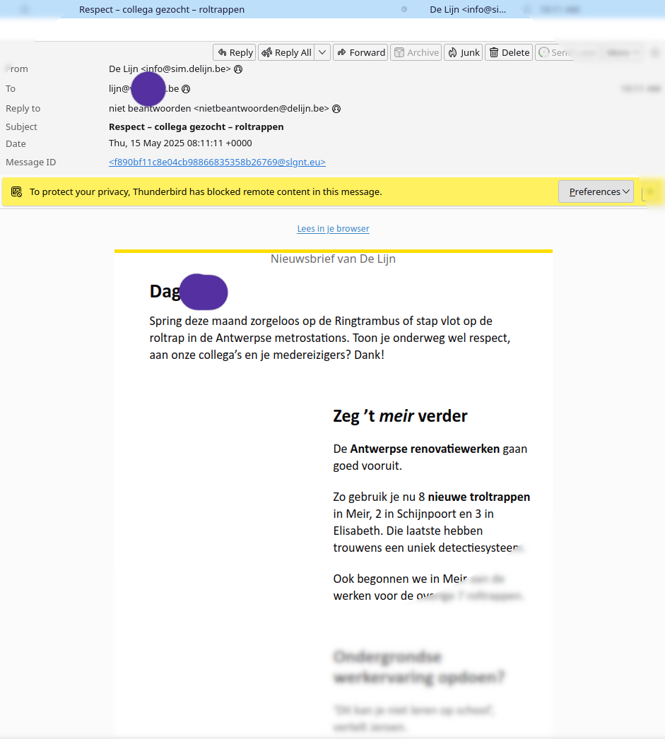 een overtollig mailtje van de Lijn